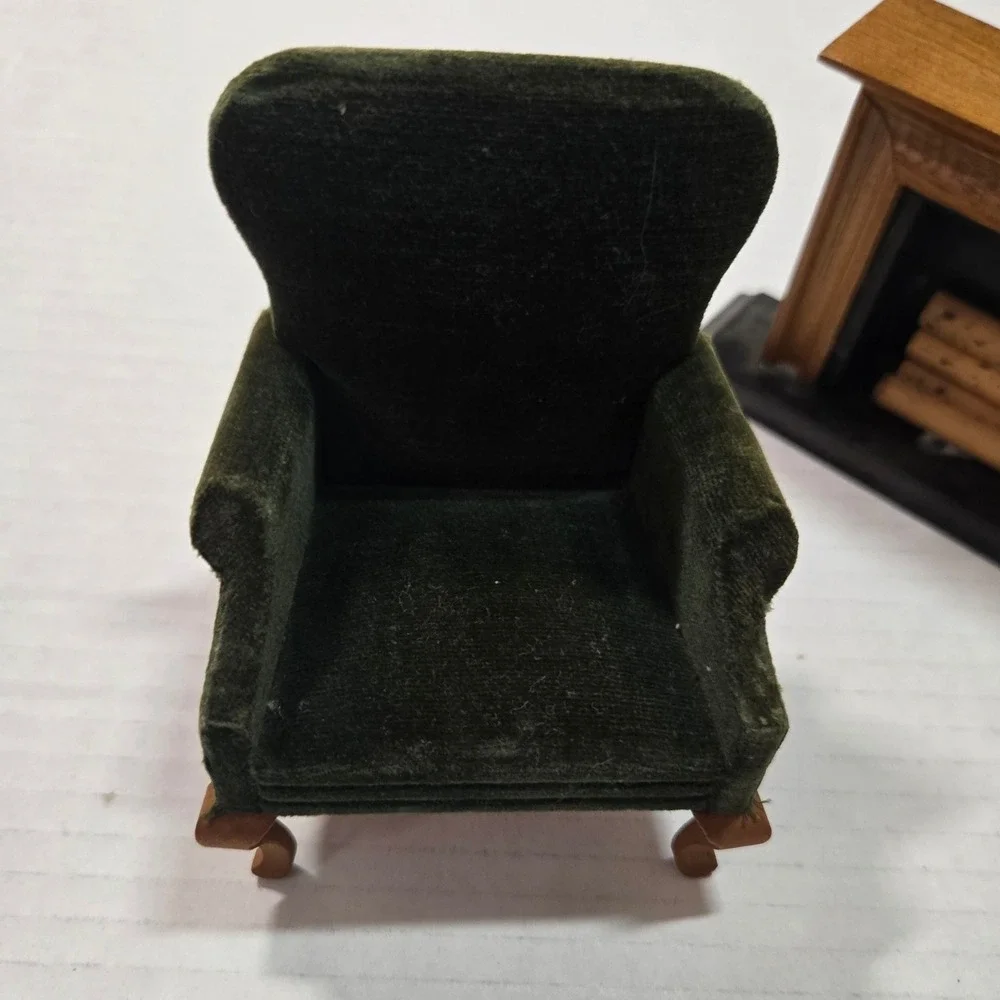 Vintage Dollhouse Miniature Living Room Set Green Velvet Chair Fireplace Table
